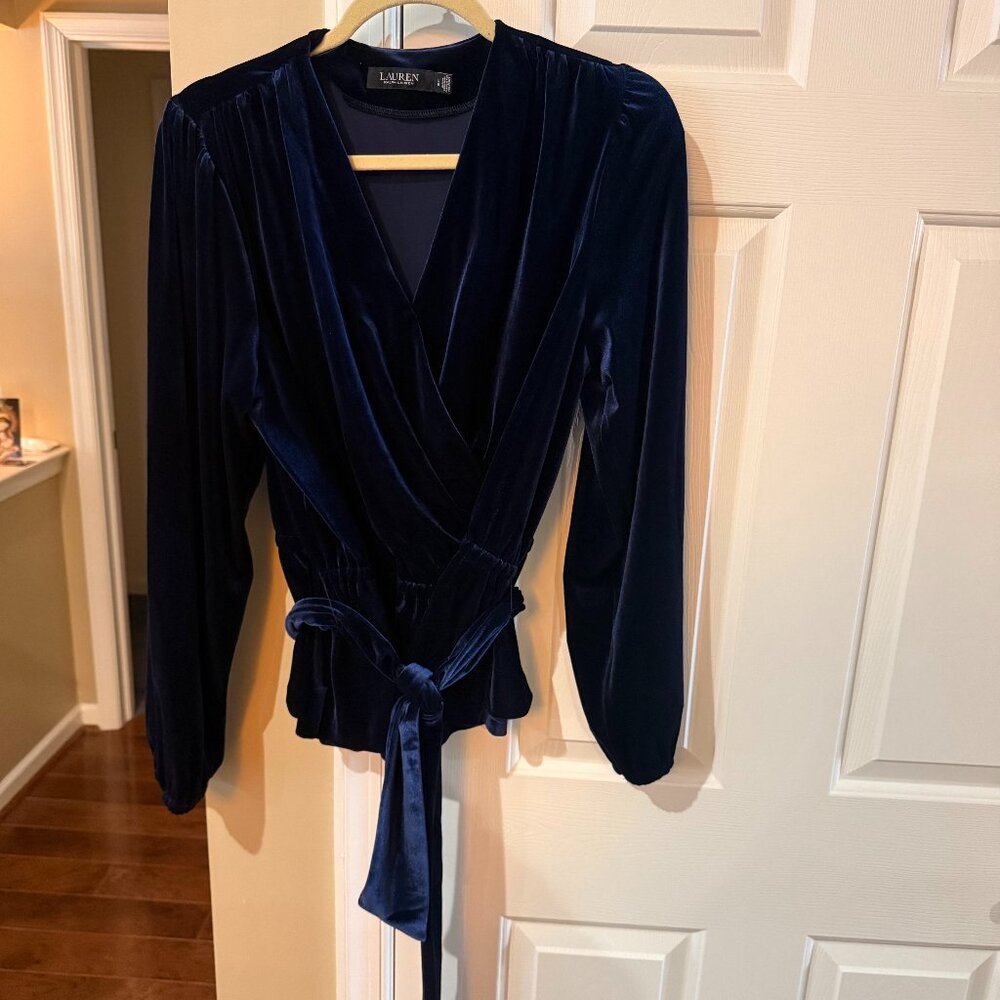 Lauren Ralph Lauren Navy Velvet Wrap Blouse Tie Waist Size 10